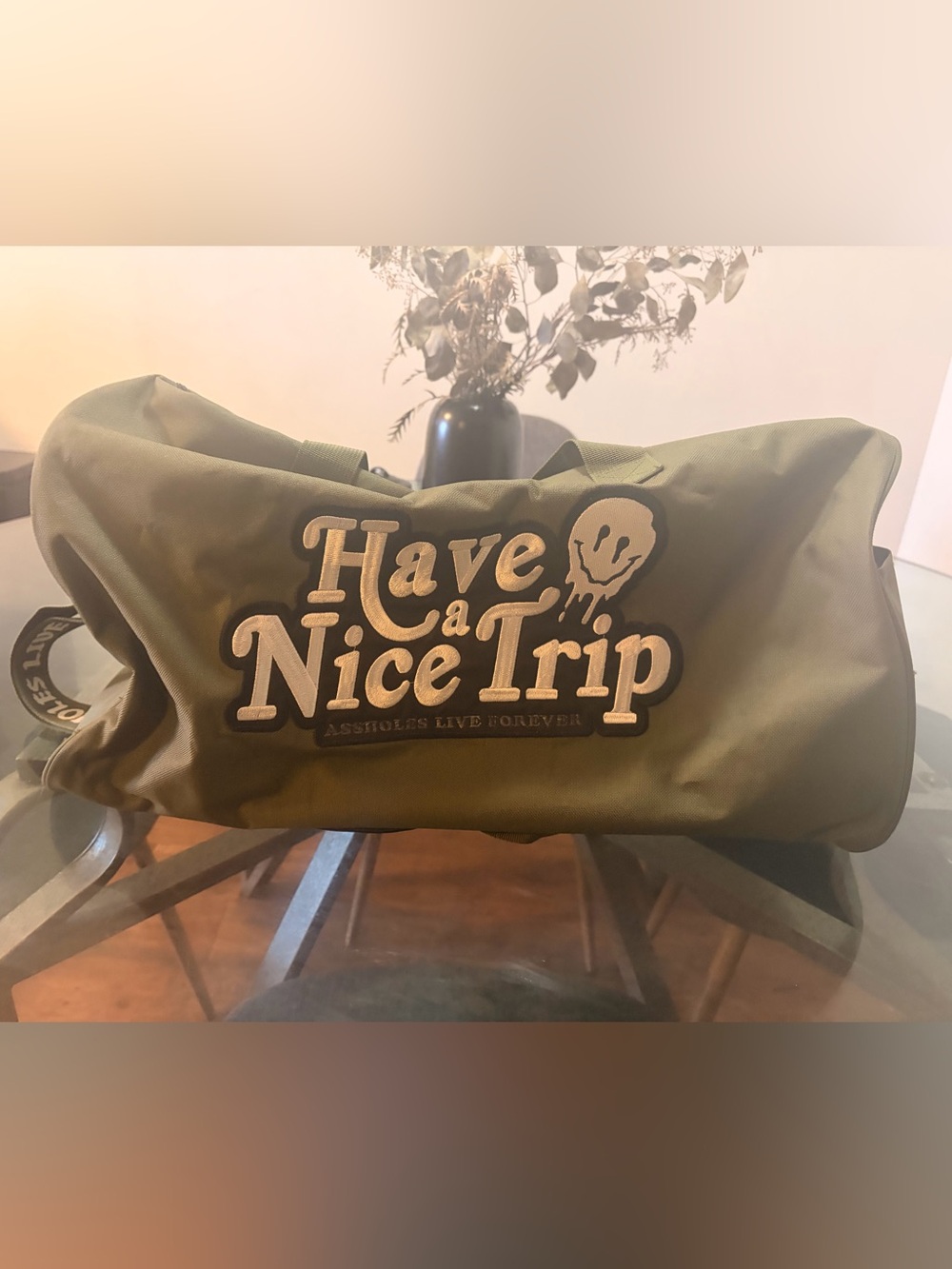 Great condition Have a Nice Trip Olive Graphic Duffel ALF